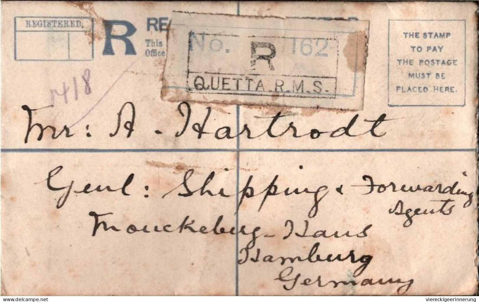 ! 1911 Registed Cover From Quetta To Hamburg - 1902-11 Roi Edouard VII