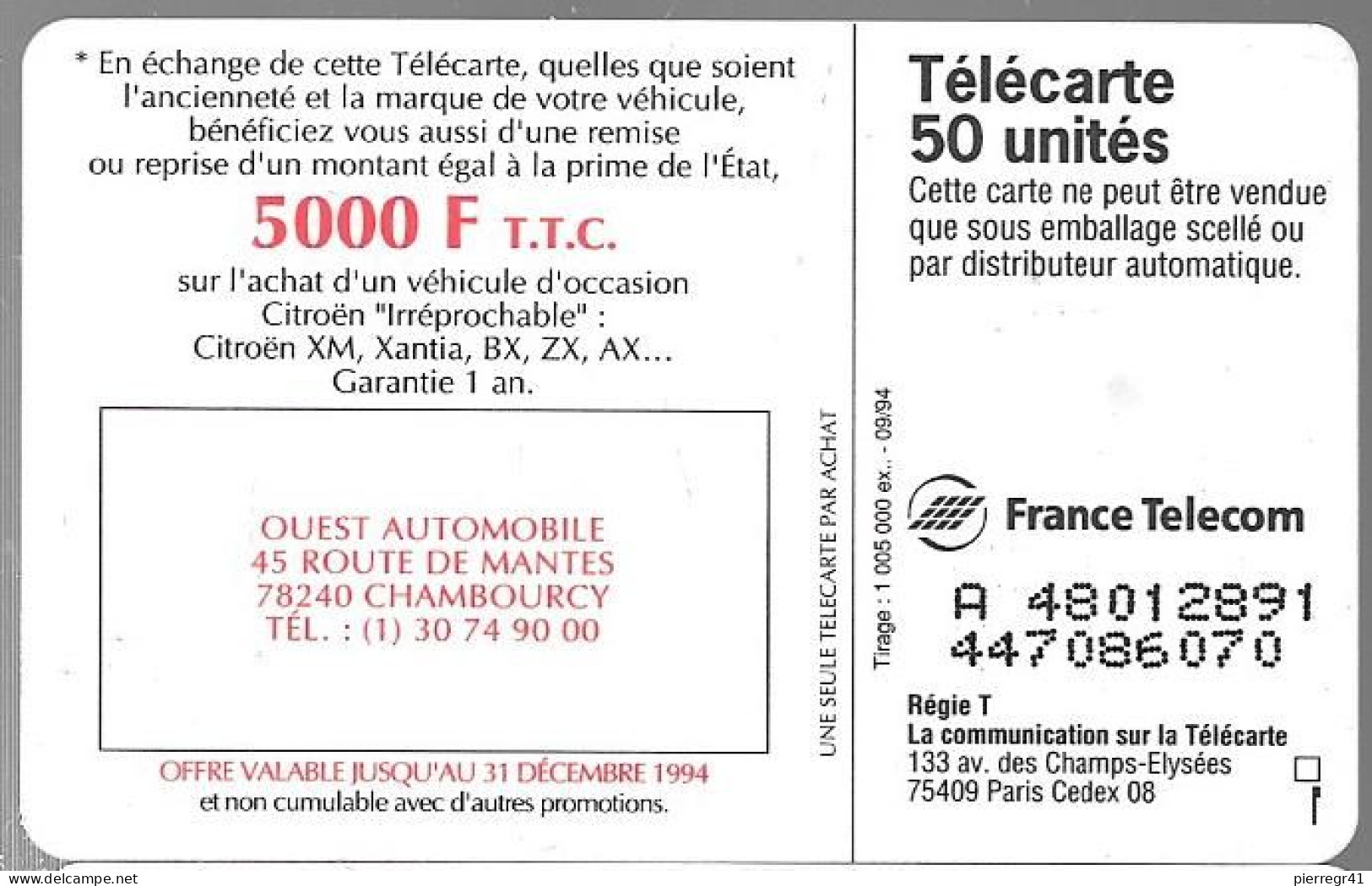 CARTE-PUBLIC-F 507 T-50U-SO3-09/94-CITROEN XM-78-CHAMBOURCY-JG-Lot A 48012891-UTILISE-TBE- - 1994