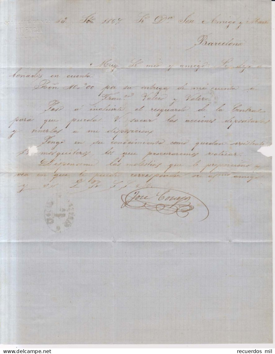 Año 1867 Edifil 96 Isabel II Carta Matasellos Rejilla Valencia  Membrete Jose Conejos - Storia Postale