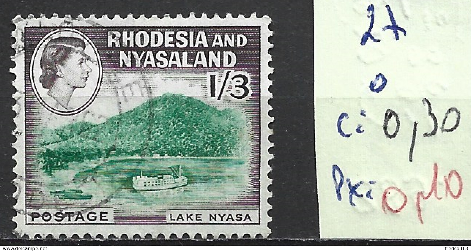 RHODESIE & NYASALAND 27 Oblitéré Côte 0.30 € - Rhodesia & Nyasaland (1954-1963)