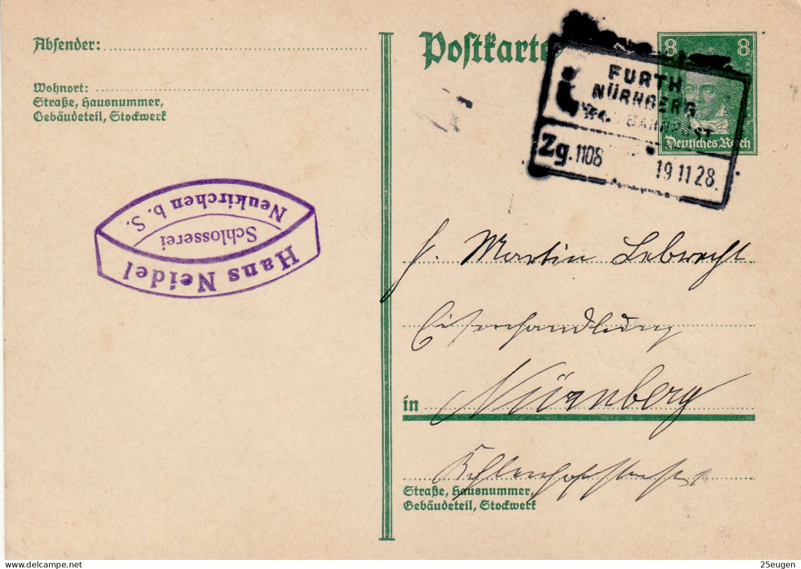 GERMANY WEIMAR REPUBLIC 1928 POSTCARD  MiNr P 176 SENT TO NUERNBERG /BAHNPOST/ - Briefkaarten