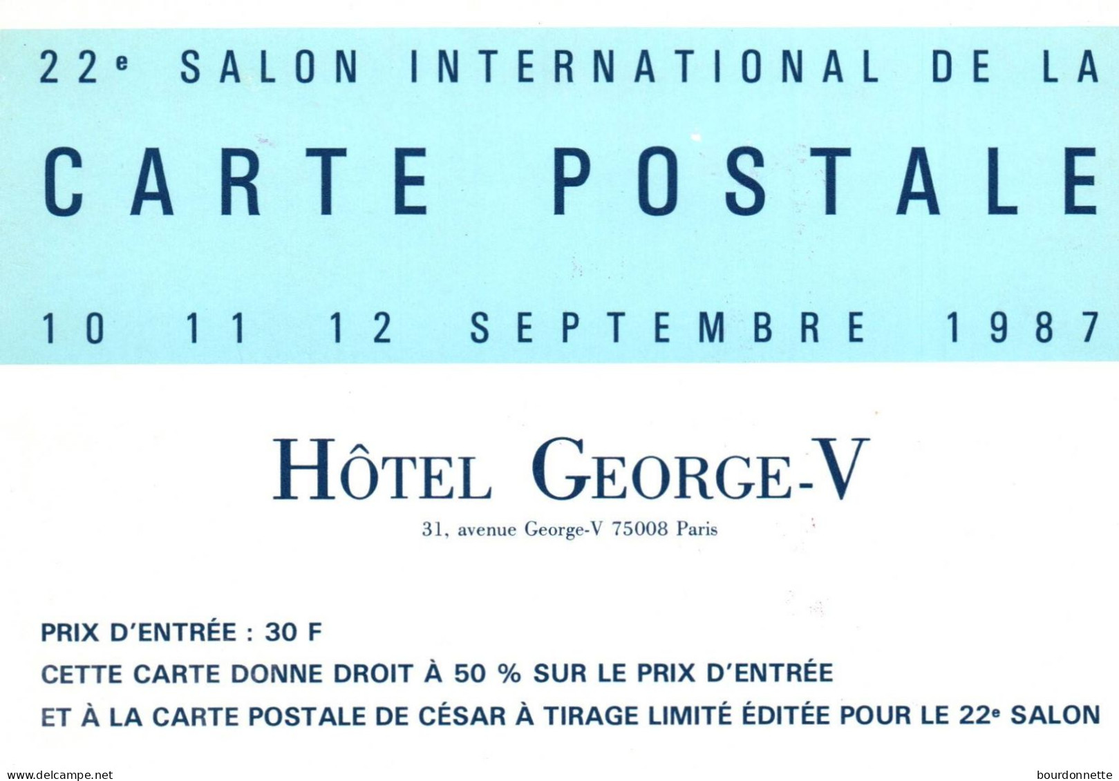 SALON DE LA CARTE POSTALE  HOTEL GEORGES 5  A PARIS 1987 - Bourses & Salons De Collections