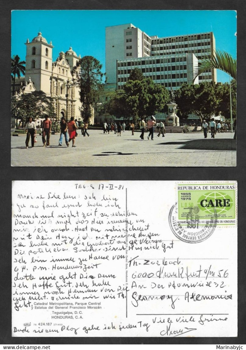 SE)1981 HONDURAS, POSTCARD METROPOLITAN CATHEDRAL, CENTRAL PLAZA, STATUE OF SAN FRANCISCO MORAZAN, NUTRITIOUS FOODS MINI - Honduras