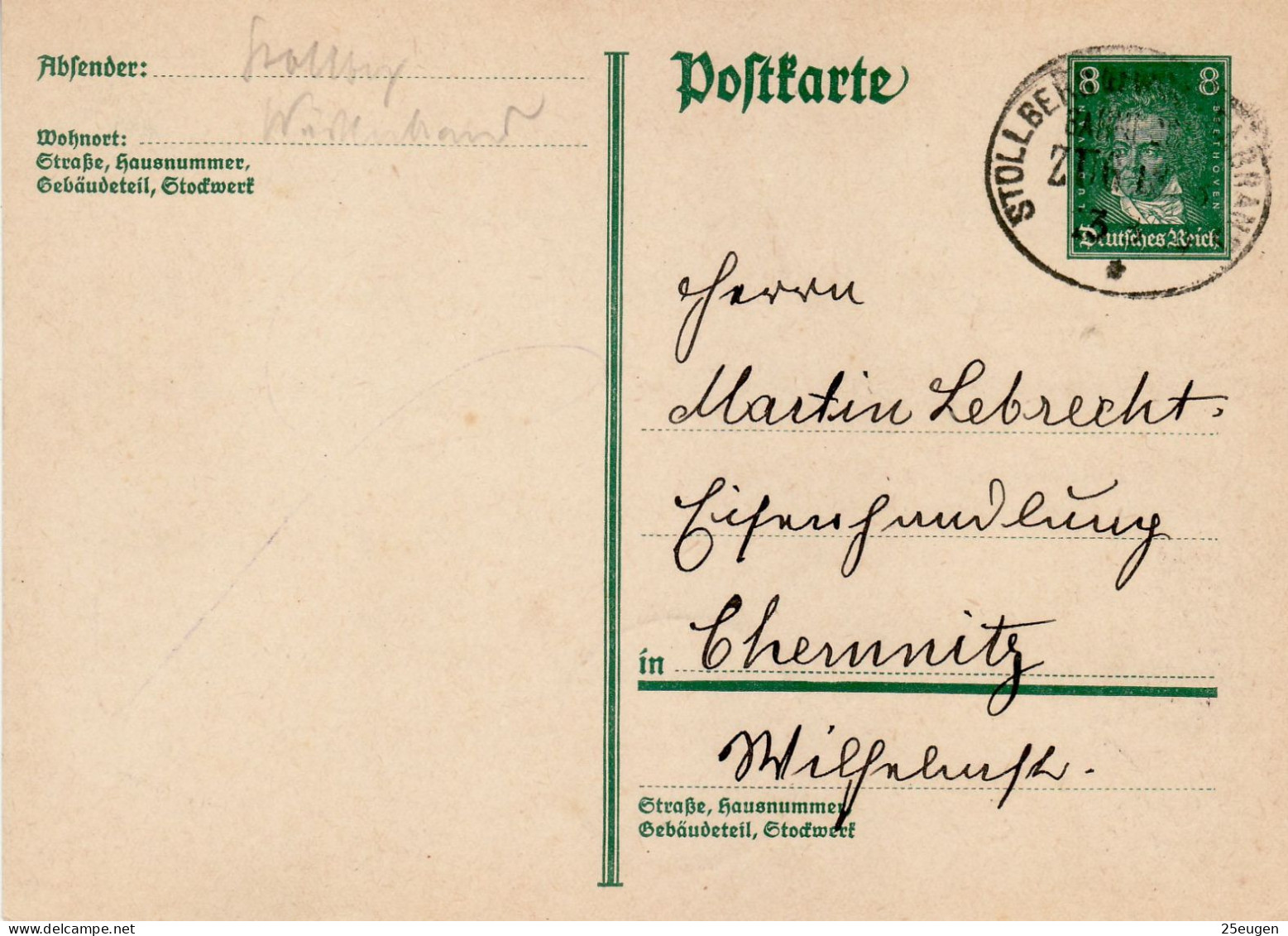 GERMANY WEIMAR REPUBLIC 1928 POSTCARD  MiNr P 176 SENT TO CHEMNITZ /BAHNPOST/ - Cartes Postales