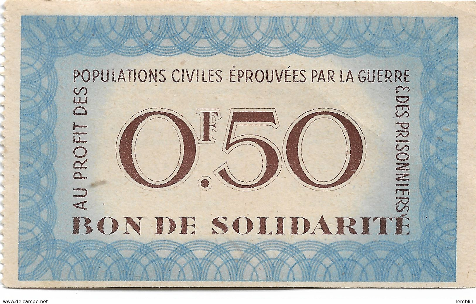 FRANCE - BON DE SOLIDARITE PETAIN DE 50 CENTIMES - Bons & Nécessité