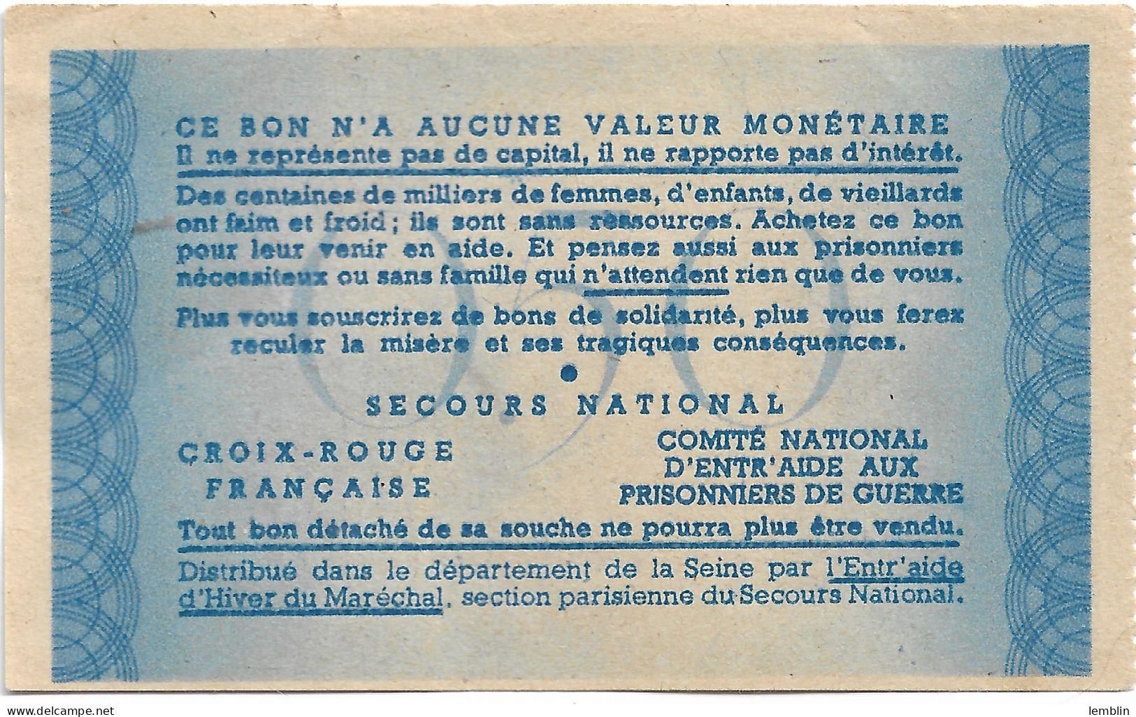 FRANCE - BON DE SOLIDARITE PETAIN DE 50 CENTIMES - Bonds & Basic Needs