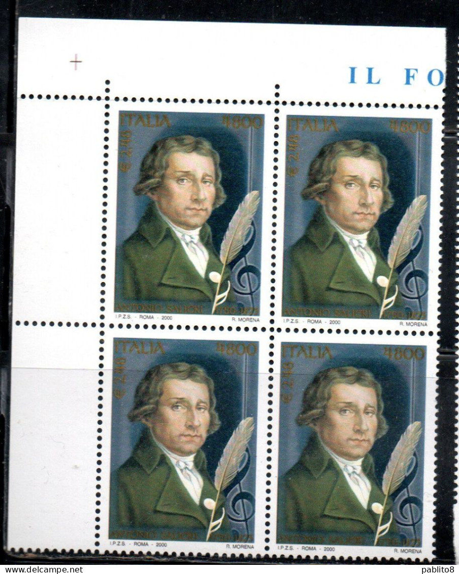 ITALIA REPUBBLICA ITALY REPUBLIC  2000 ANTONIO SALIERI LIRE 4.800 € 2,48 QUARTINA ANGOLO DI FOGLIO  MNH - 1991-00: Mint/hinged