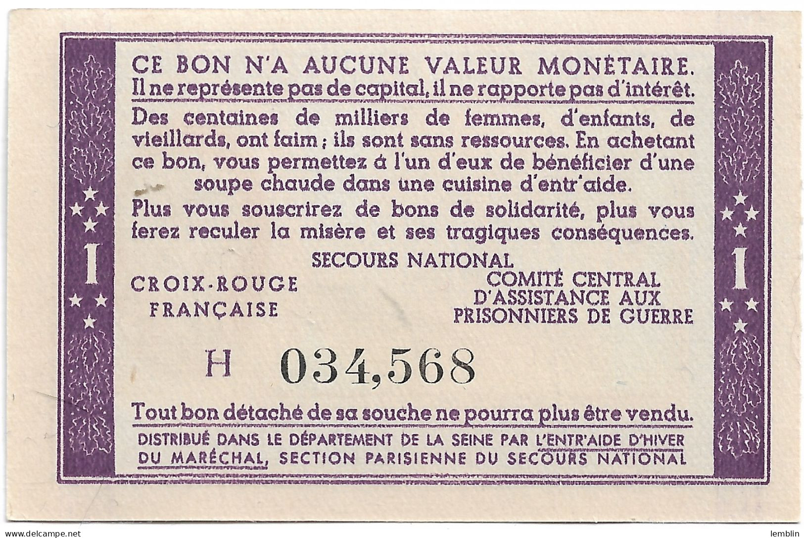 FRANCE - BON DE SOLIDARITE PETAIN D'UN FRANC - Bons & Nécessité