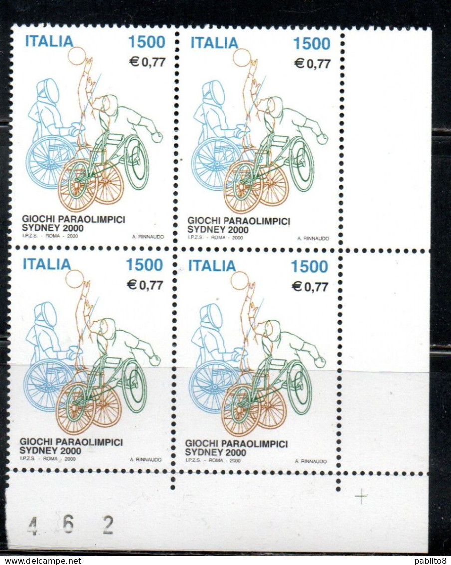 ITALIA REPUBBLICA ITALY 2000 PARAOLIMPIADI SIDNEY GIOCHI OLIMPICI DISABILI OLYMPIC GAMES SYDNEY DISABLED QUARTINA MNH - 1991-00: Neufs