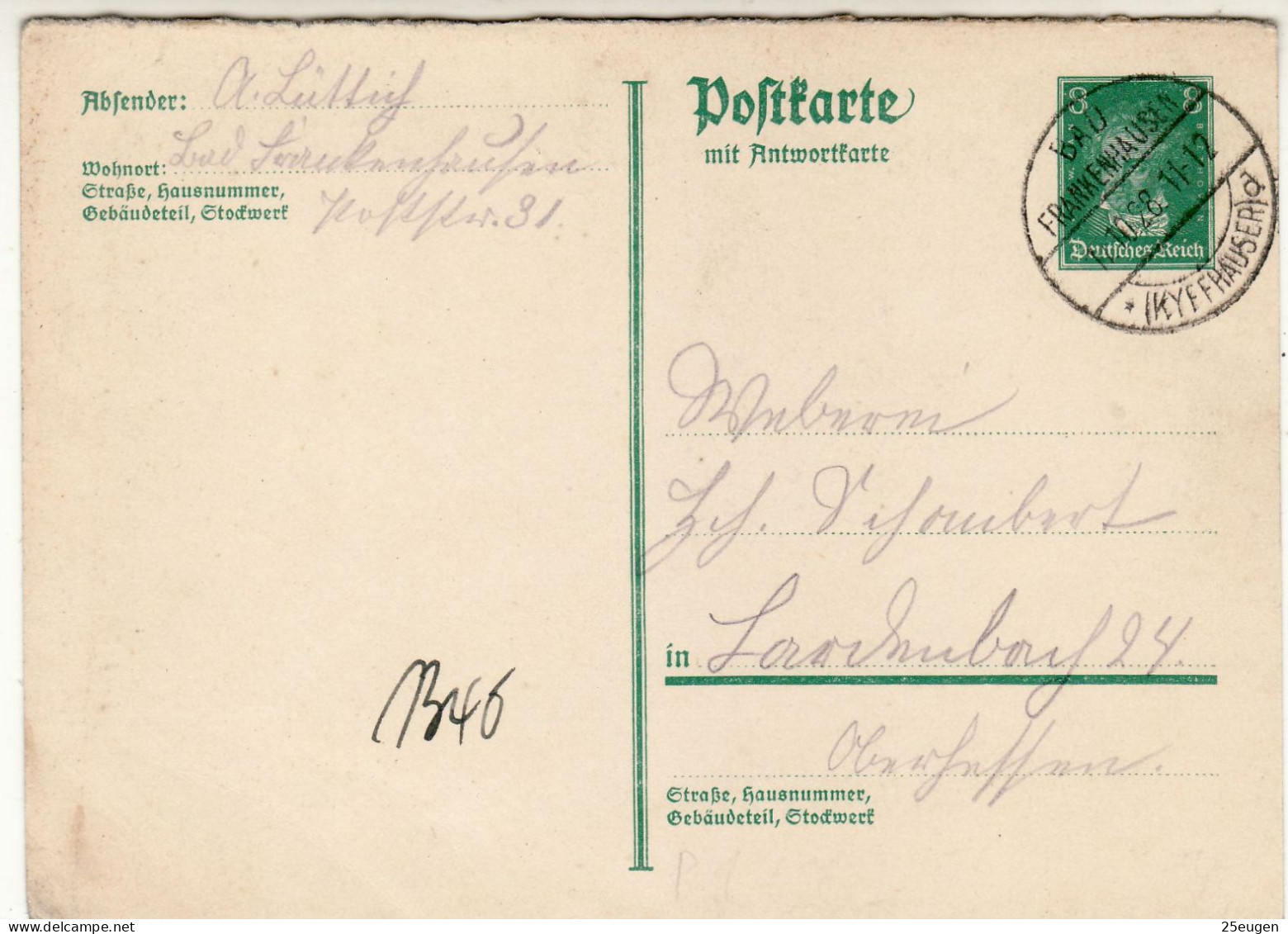 GERMANY WEIMAR REPUBLIC 1928 POSTCARD  MiNr P 177 I F SENT FROM BAD FRANKENHAUSEN - Postcards