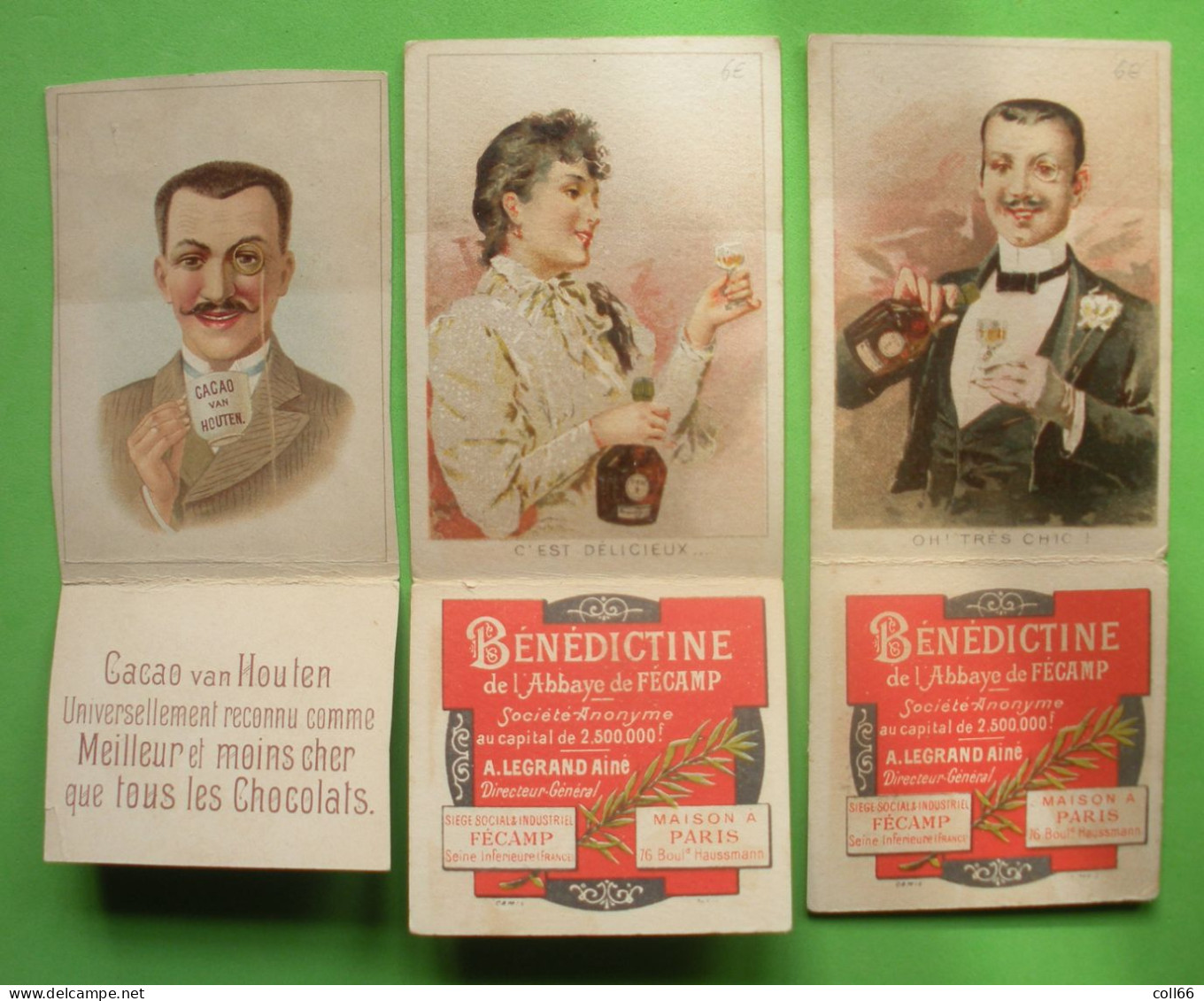 3 Cartes Publicitaires à Système Publicité Bénédictine De Fécamp & Cacao Van Houten 7x10cm Monocle - Andere & Zonder Classificatie