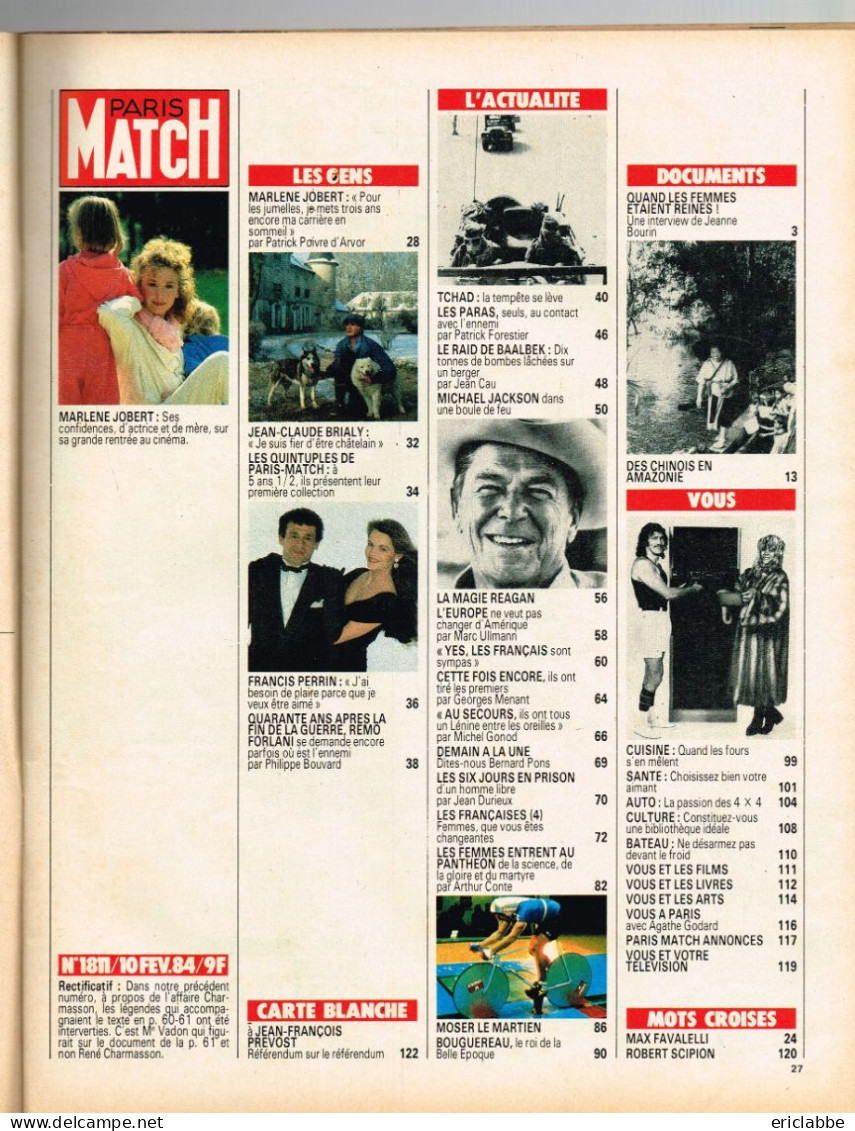 PARIS MATCH N°1811 Du 10 Février 1984 Marlène Jobert - Tchad - Michael Jackson - Moser - Testi Generali