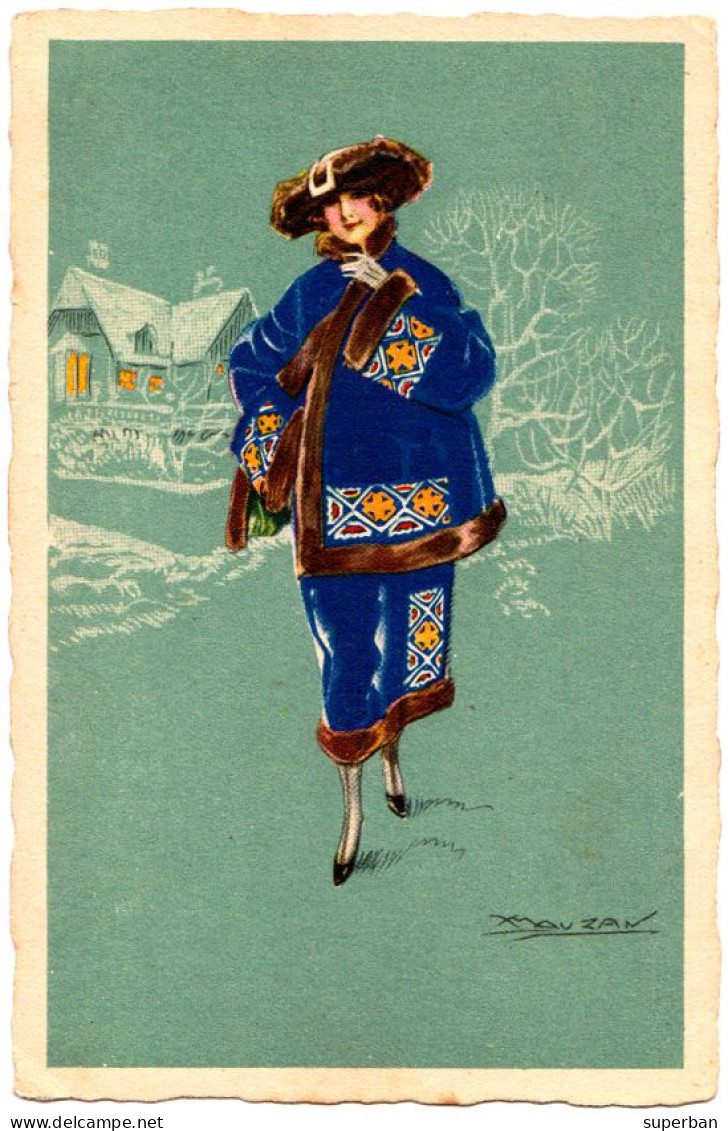 ART NOUVEAU / ART DÉCO - MAUZAN : SUPERBE JEUNE FEMME En HIVER - MANTEAU BLEU Et CHAPEAU De FOURRURE ~ 1920 (an382) - Mauzan, L.A.