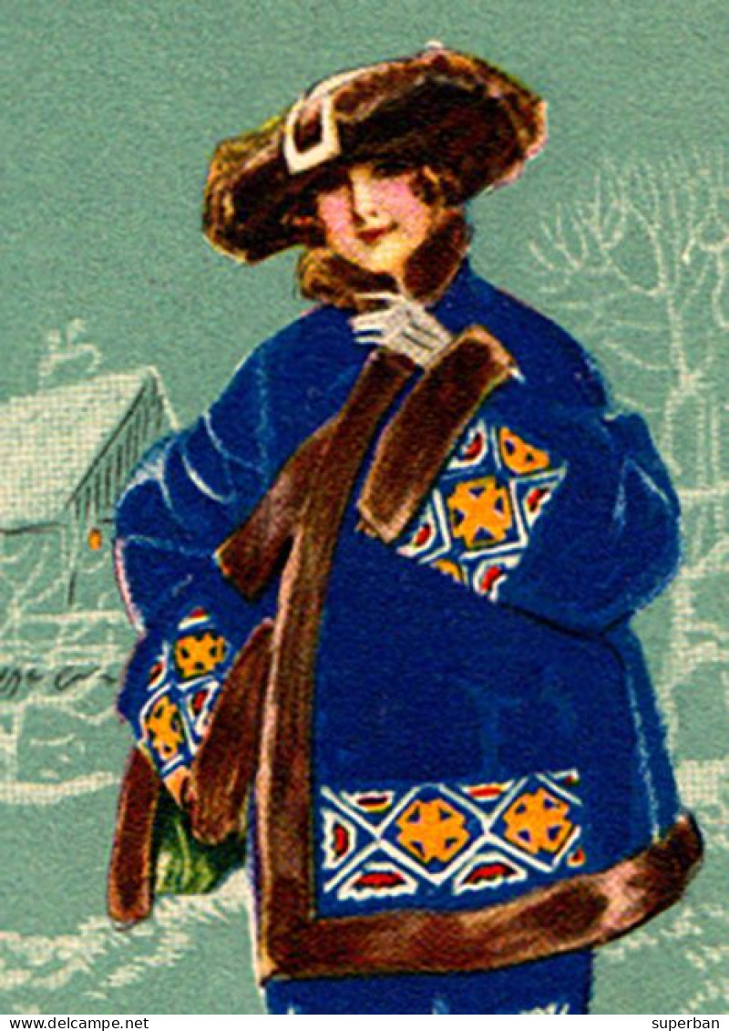 ART NOUVEAU / ART DÉCO - MAUZAN : SUPERBE JEUNE FEMME En HIVER - MANTEAU BLEU Et CHAPEAU De FOURRURE ~ 1920 (an382) - Mauzan, L.A.