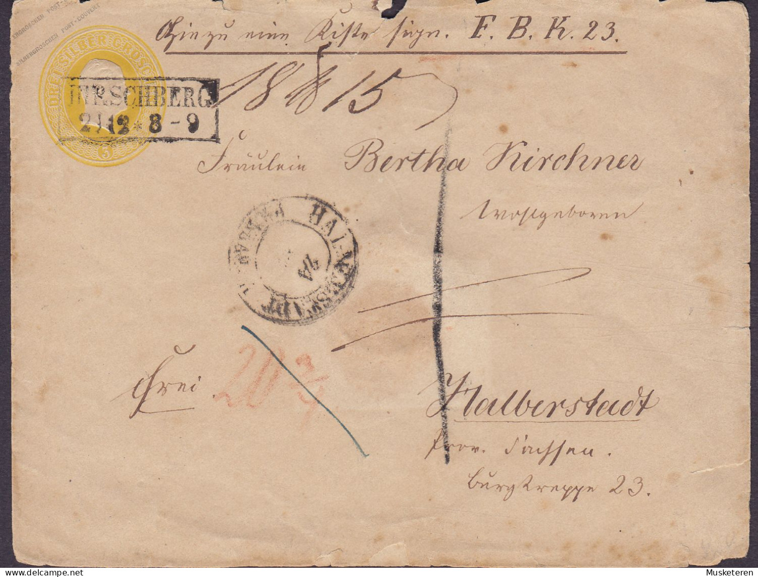Preussen Postal Stationery Ganzsache 3 SILBER GROSCHEN Boxed HIRSCHBERG 2/12 8-9 Cds. HALBERSTADT (Arr.) Sachsen-Anhalt - Enteros Postales