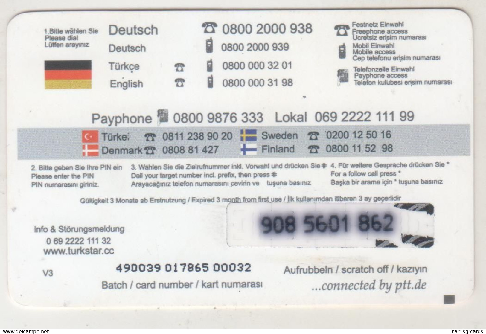 GERMANY - PTT - TÜRKstar (5€) 0800 2000 938 , Prepaid Card , Used - Cellulari, Carte Prepagate E Ricariche