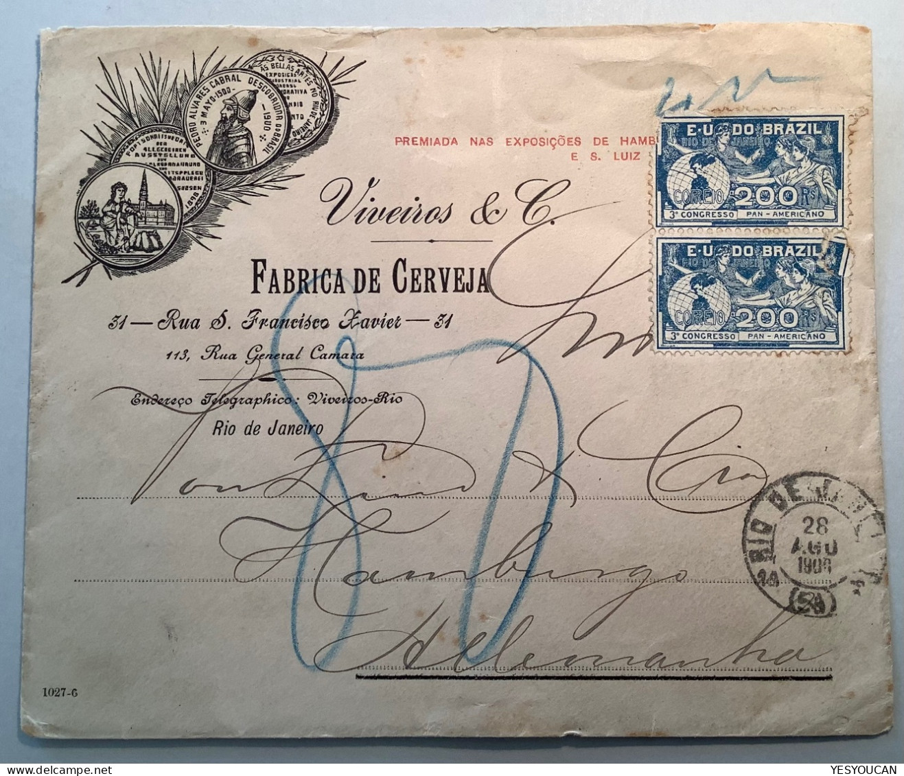 Brazil 1906 200 Reis RARE ON COVER#C-6 3.CONGRESSO PAN-AMERICANO Postage Due=forbidden Foreign Mail (pan American Beer - Briefe U. Dokumente