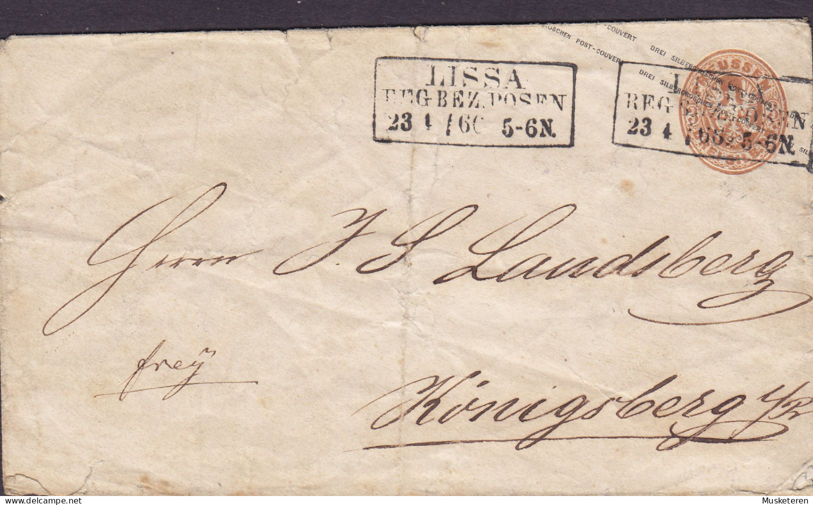 Poland Vorläufer Preussen Postal Stationery Ganzsache 3 SILBER GROSCHEN Boxed LISSA Reg-Bez. POSEN 23 4/1866 KÖNIGSBERG - Interi Postali