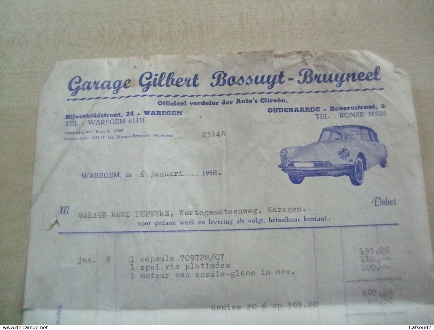 Facture Ancienne 1958 GARAGE GILBERT BOSSUYT-BRUYNEEL à Oudenaarde (dessin Citroën) - 1950 - ...