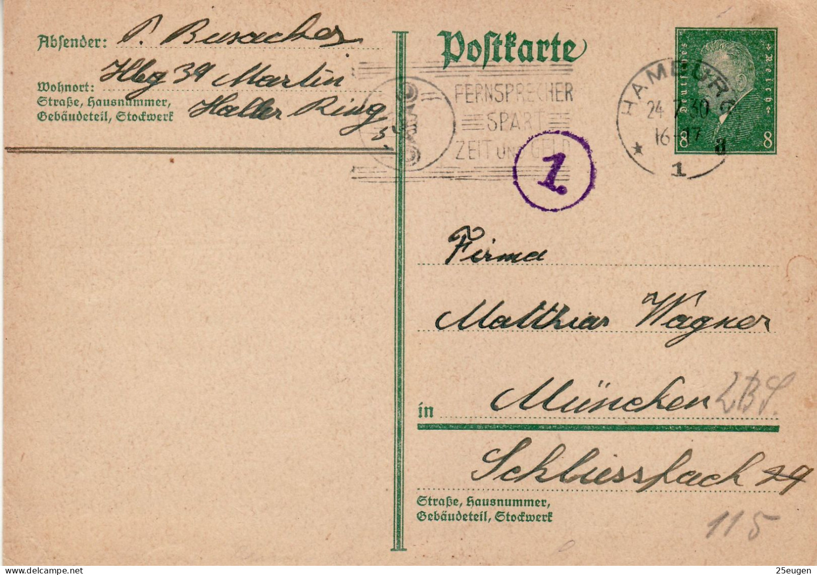 GERMANY WEIMAR REPUBLIC 1930 POSTCARD  MiNr P 181 I  SENT FROM HAMBURG TO MUENCHEN - Cartoline