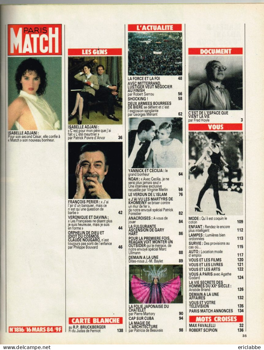 PARIS MATCH N°1816 Du 16 Mars 1984 Isabelle Adjani - Mariage Noah - Versailles - Georges Menant - Informaciones Generales