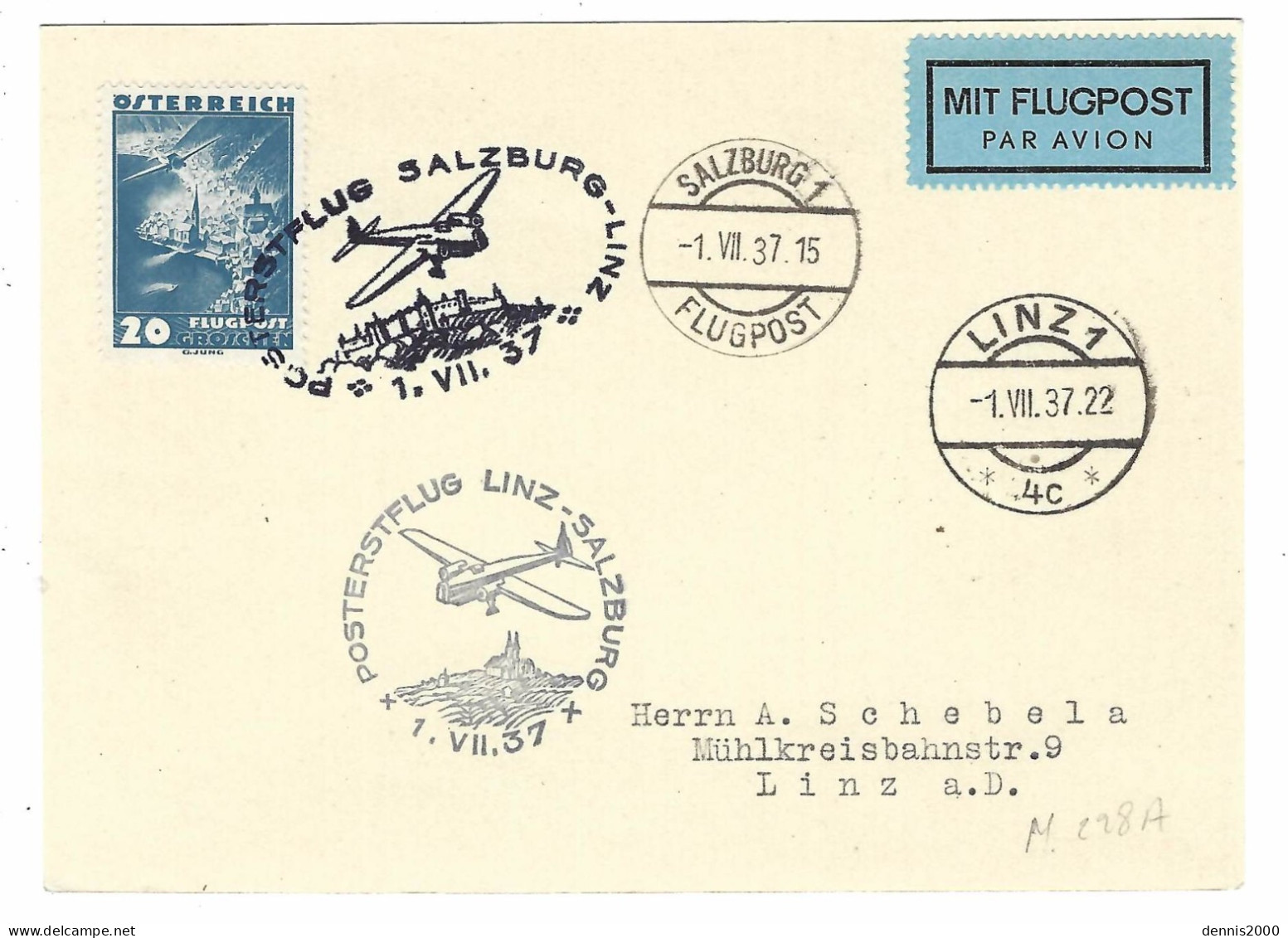 1937 - 1- VII - 37 - Postersflug Salsburg-Linz   ( Muller  228 A ) - Sonstige & Ohne Zuordnung
