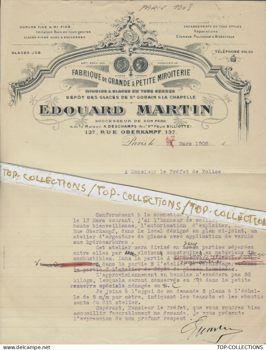 1908 ENTETE EDOUARD MARTIN MIROITERIE VITRES GLACES  DORURE ARGENTURE  Rue Oberkampf Paris Lettre Prefet V.SCANS - 1900 – 1949