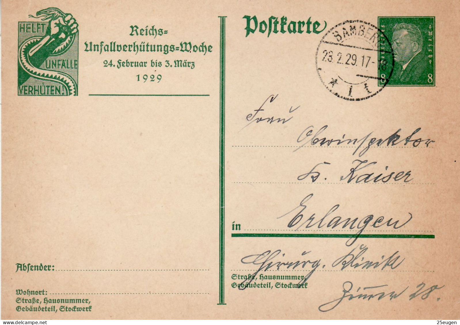 GERMANY WEIMAR REPUBLIC 1929 POSTCARD  MiNr P 187 SENT FROM BAMBERG TO ERLANGEN - Postcards