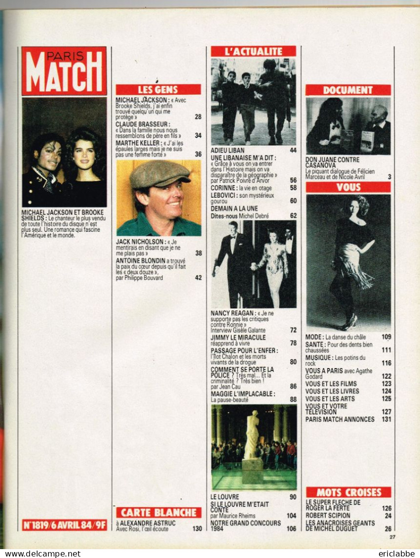 PARIS MATCH N°1819 Du 06 Avril 1984 Michael Jackson - Adieu Liban - Police - Le Louvre - Algemene Informatie