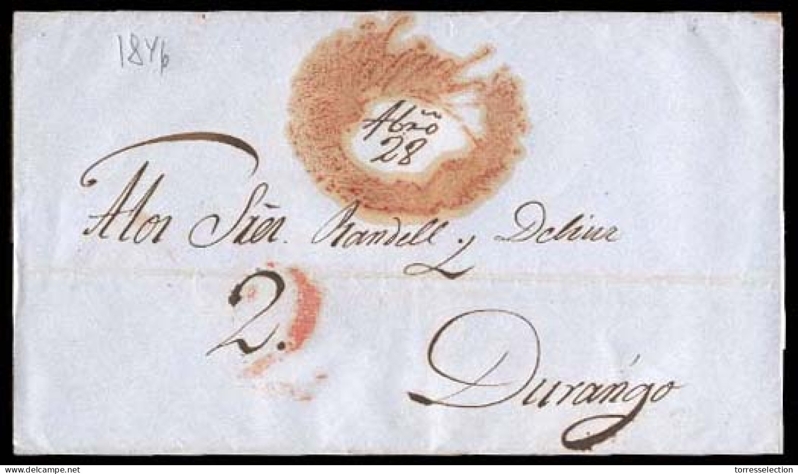 MEXICO - Stampless. 1846 (28 Feb.). Ynde To Durango E. With Gorgeous Red Strike / Floral / Manuscript Central Date + Red - México