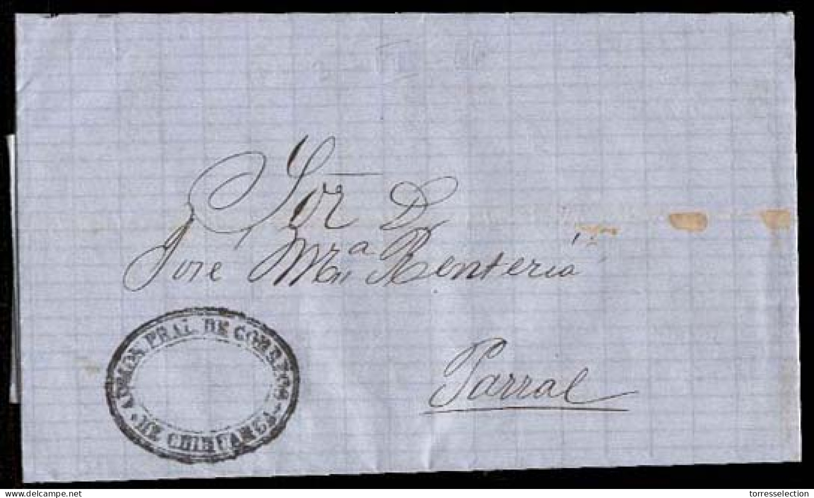 MEXICO - Stampless. 1866 (July 3). Chihuahua To Parral. 1866 -7 Provisional. Stampless EL Oval "Admon. Correos / Chihuah - México
