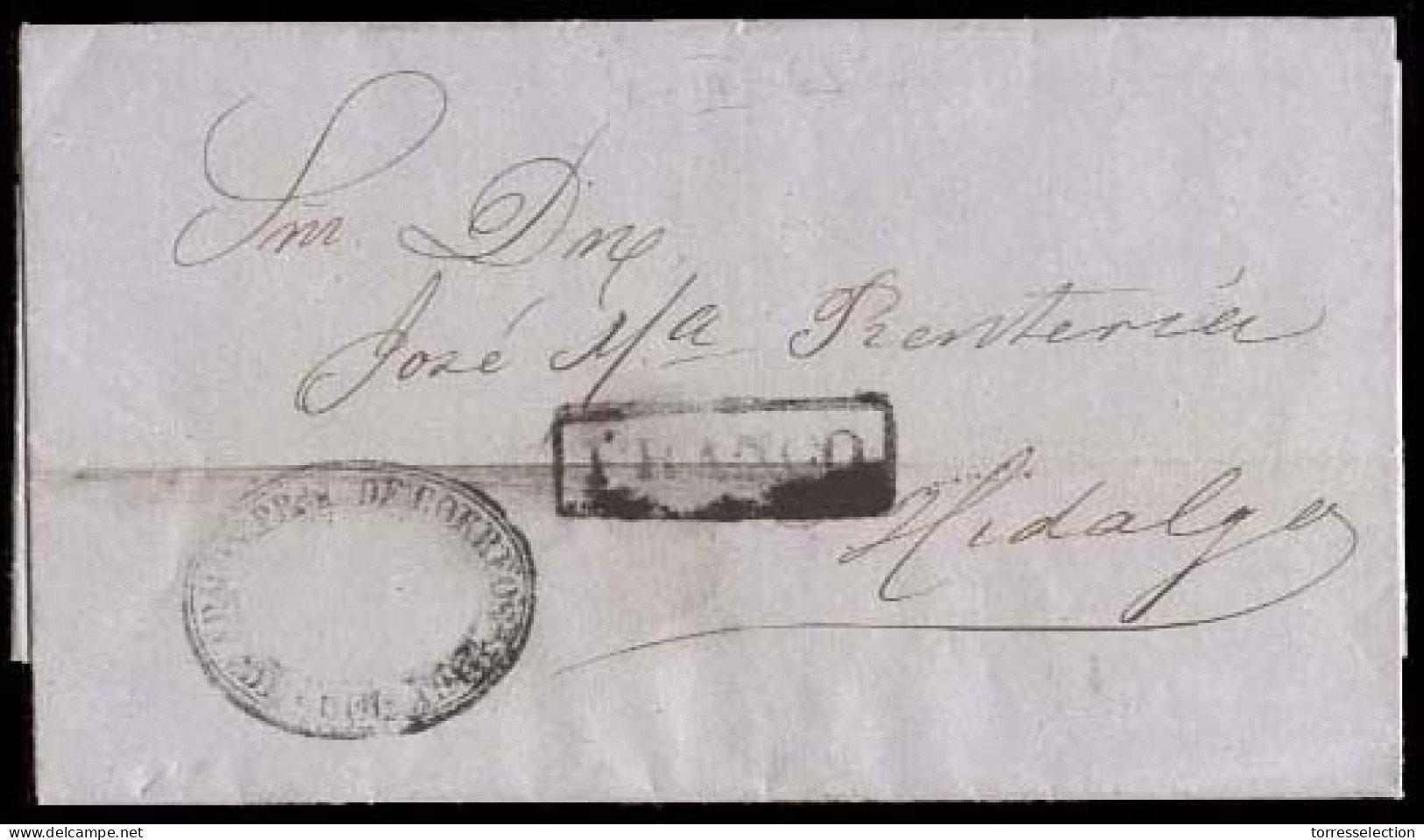 MEXICO - Stampless. 1865 (4 March). Sello Negro. Chichuahua To Hidalgo. Stampless EL Oval Chihuahua + "Franco" Box "2" O - México