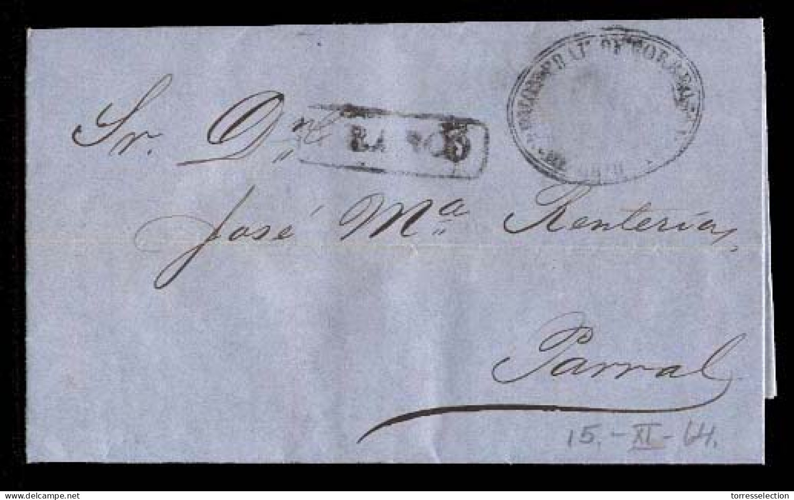 MEXICO - Stampless. 1864 (Nov. 15). Sello Negro. Chihuahua To Parral. Stampless EL Oval Chihuahua + "Franco" Box "2" On  - México
