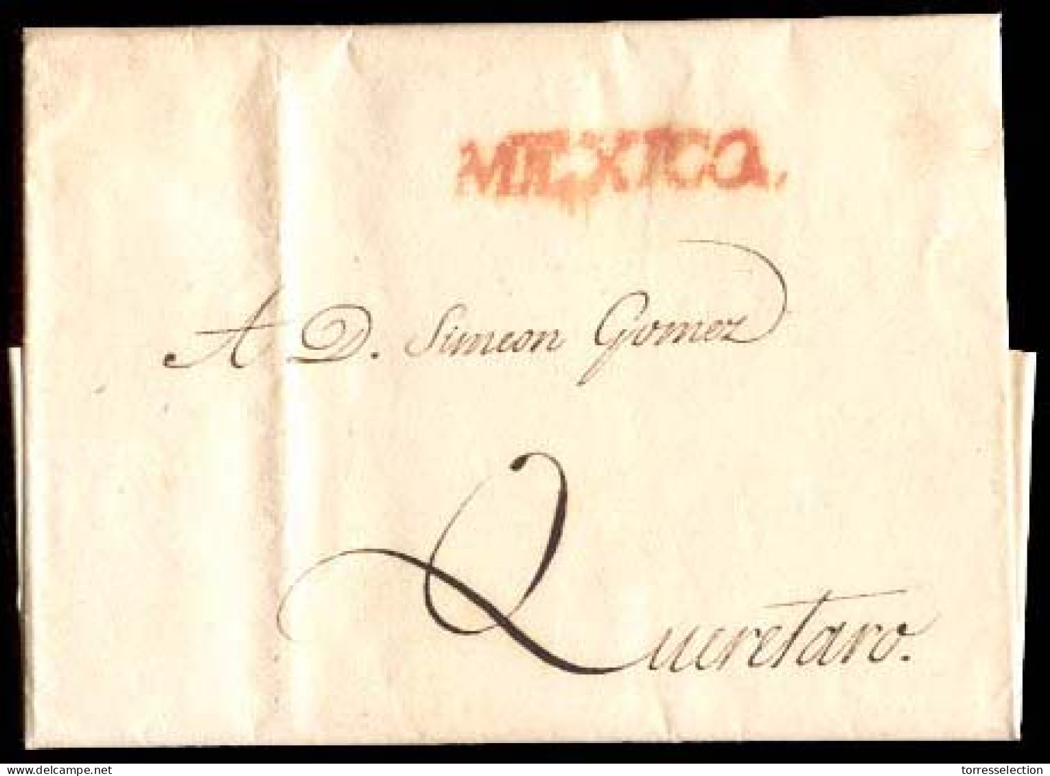 MEXICO - Stampless. 1827 (Oct. 13). Mexico To Queretaro. EL. Slanted Red "Mexico" Straightline (xxx). VF. - México