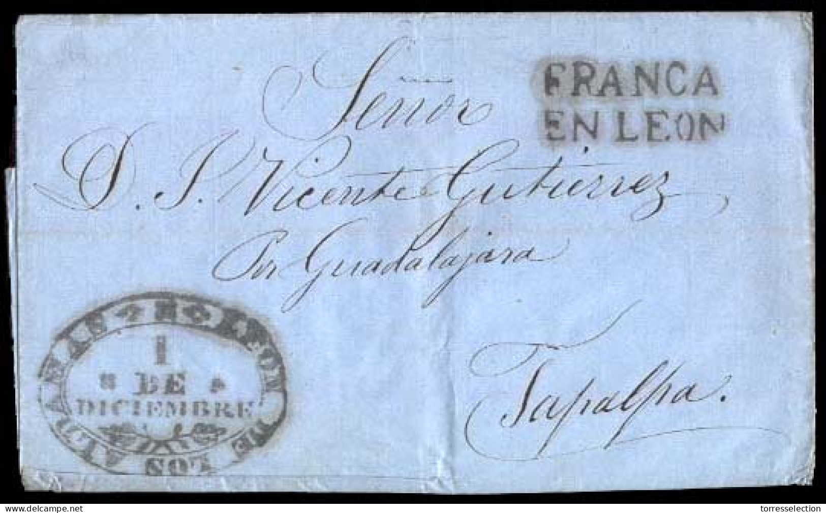 MEXICO - Stampless. 1860 (Nov. 30). Leon To Tapalpa. Stampless E With Oval Date Ornamented "Leon De Los Aldamas" + "Fran - México