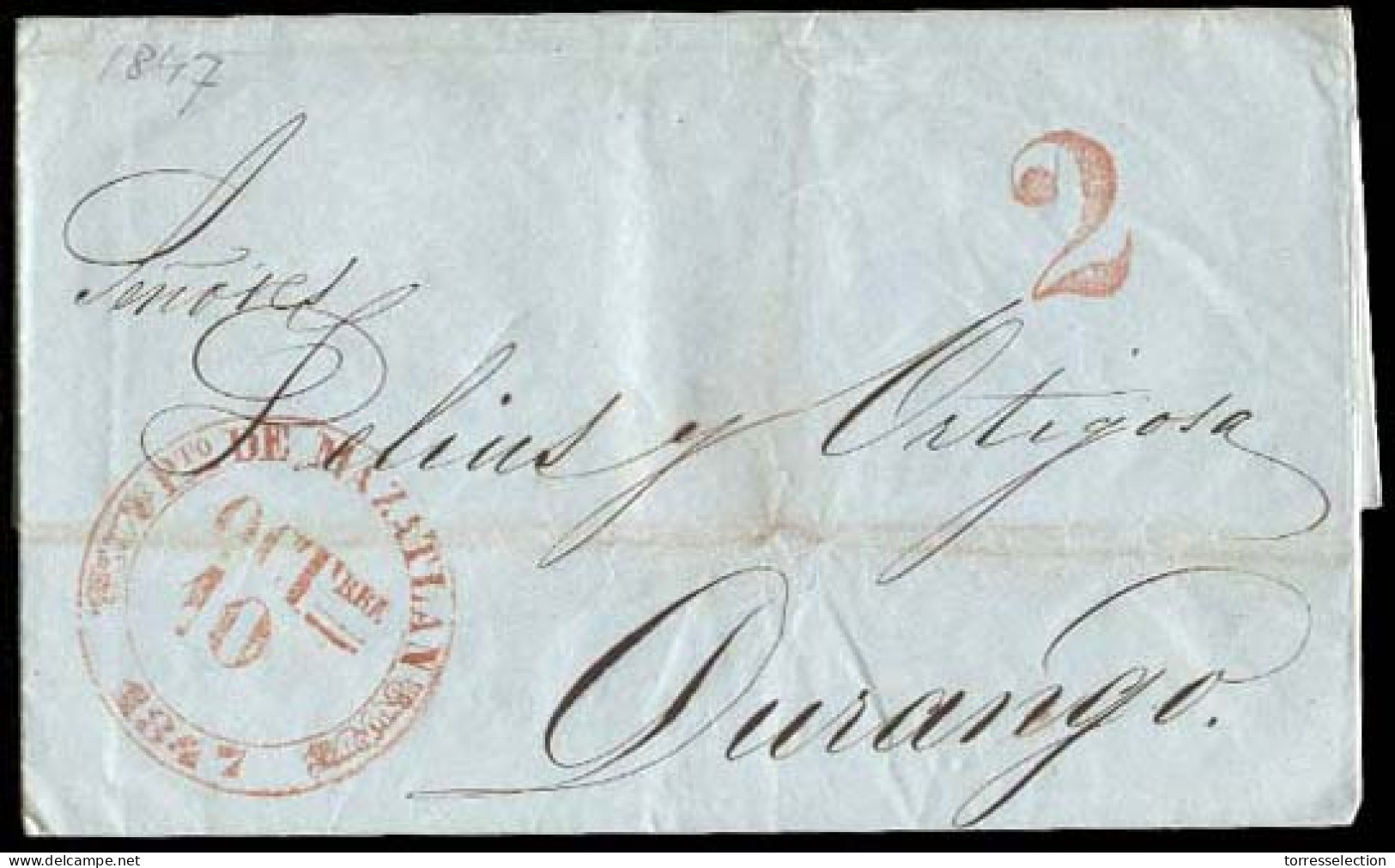 MEXICO - Stampless. 1847 (Oct. 6). Pt. Mazatlan To Durango. EL With Red Cds "Pto. De Mazatlan / Oct. 10 / 1847" (xxx). U - México