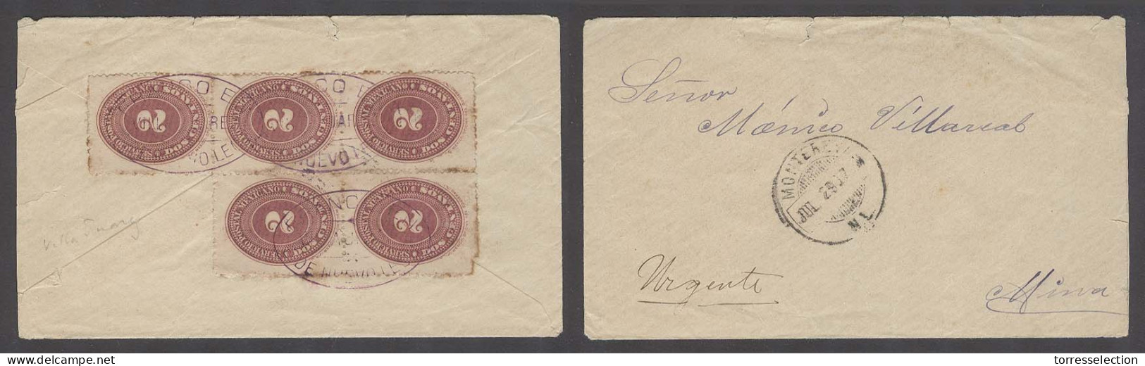 MEXICO. 1887 (29 July). Villa Juarez - Mina. Via Monterrey (29 July). Mns Urgente Reverse Multifkd 2c Dark Red Block Of  - México