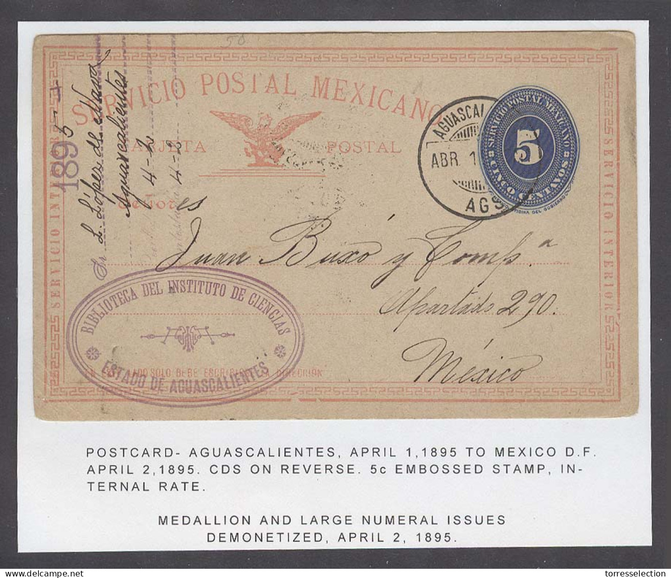 MEXICO. 1895 (1 Abril). Aguas Calientes - DF. Last Day Of Numeral Oficial Usage. They Were Demonetised On April 2, 1895. - México