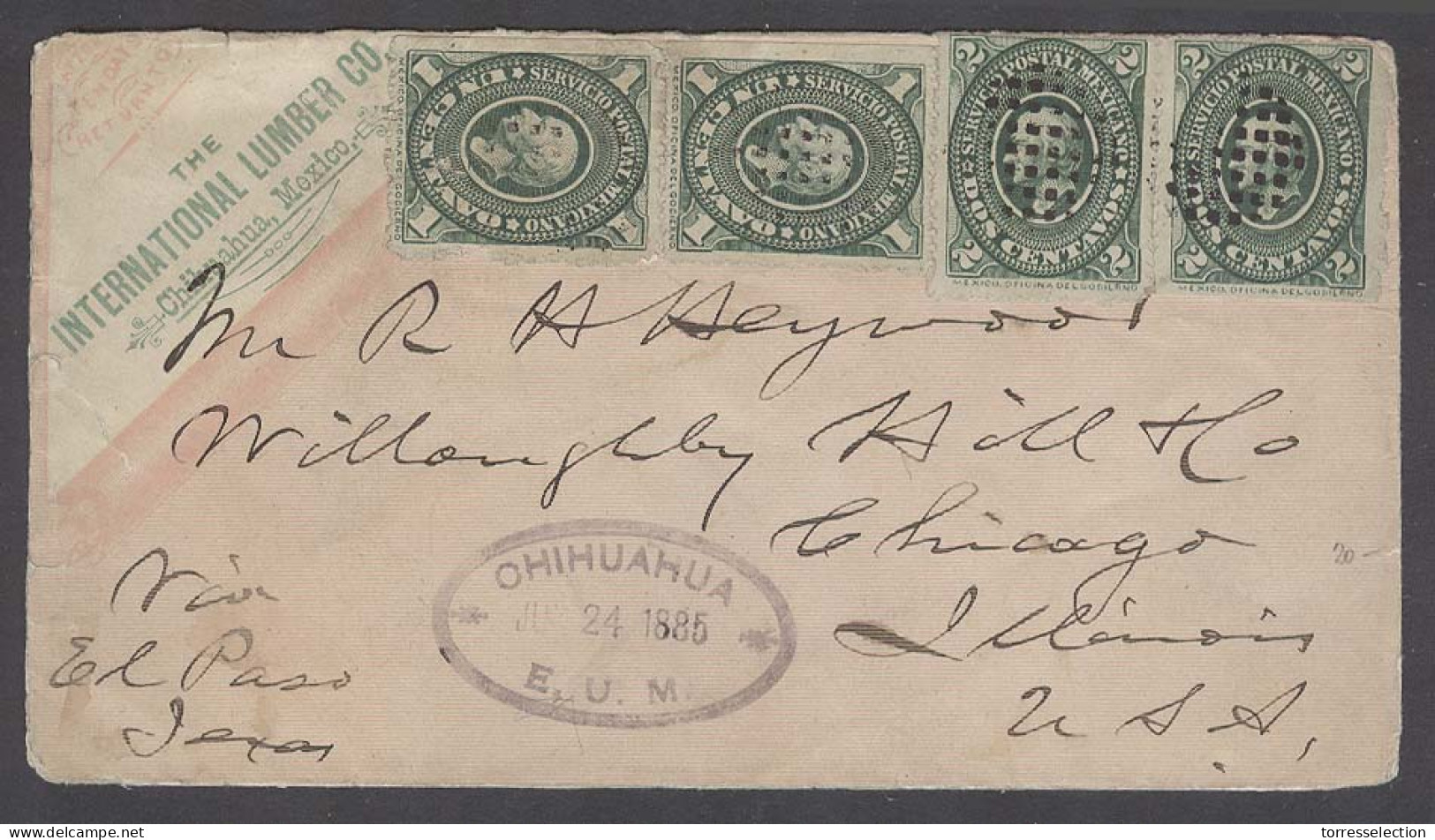 MEXICO. 1885 (24 June). Chihuahua - USA / Illinois, Chicago. Color Printed Lumber Co Env + 4 Medallion Issue 1c (x2) + 2 - México