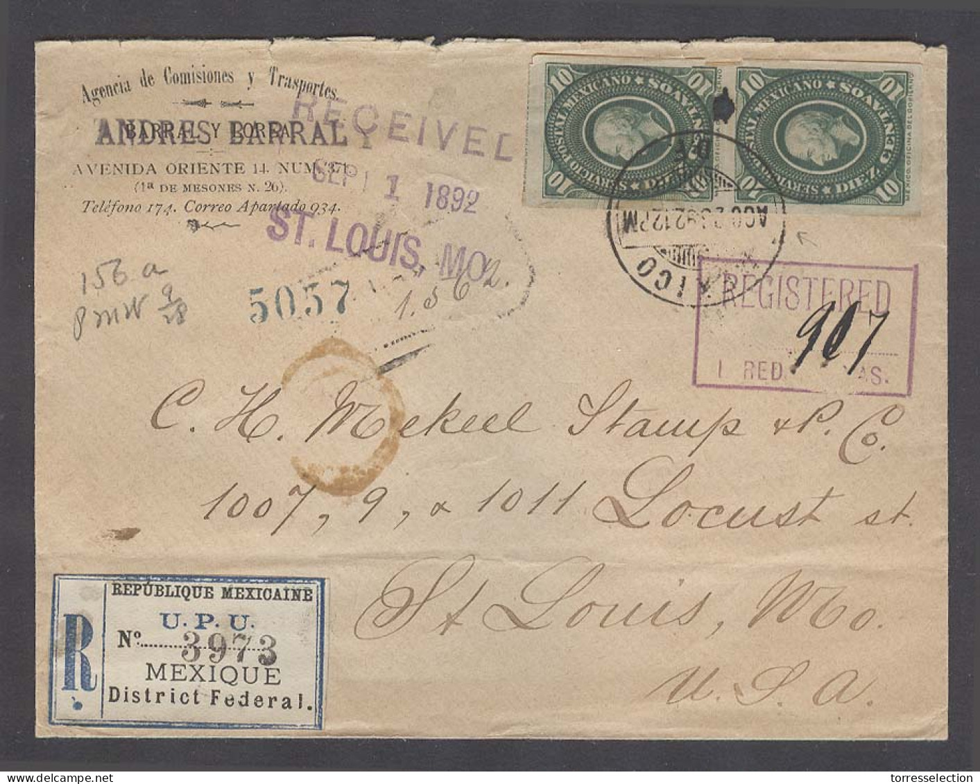 MEXICO. 1892 (28 Ago). Mexico DF - USA. ST Louis, Mo (1 Sept). Reg Fkd Env Bearing Medallion 10c Green Vertical Pair Imp - México