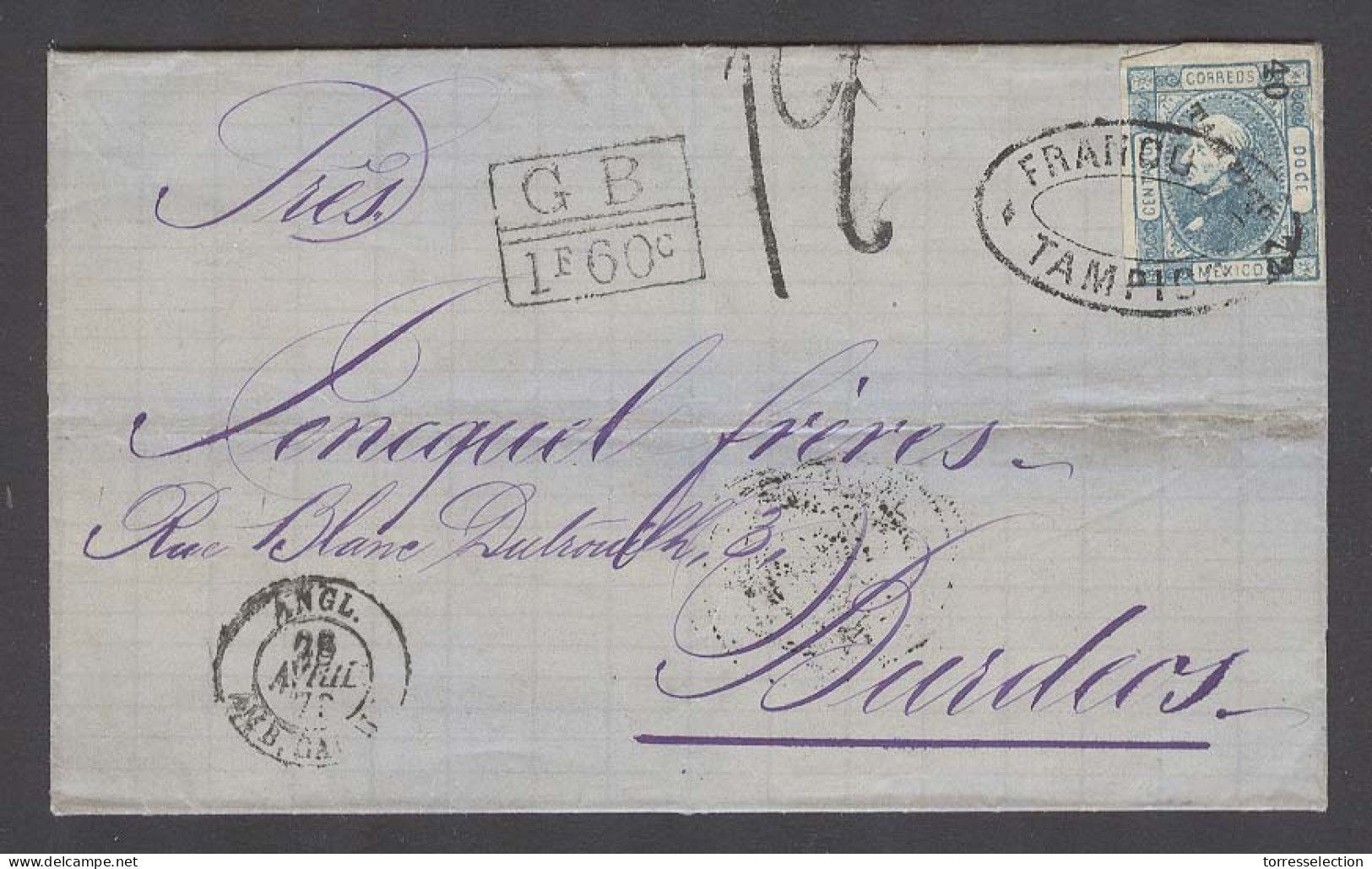 MEXICO. 1873 (27 March). Tampico - France (29 April). Via London (28 April). EL Full Contains Fkd Single 1872 Issue 12c  - México