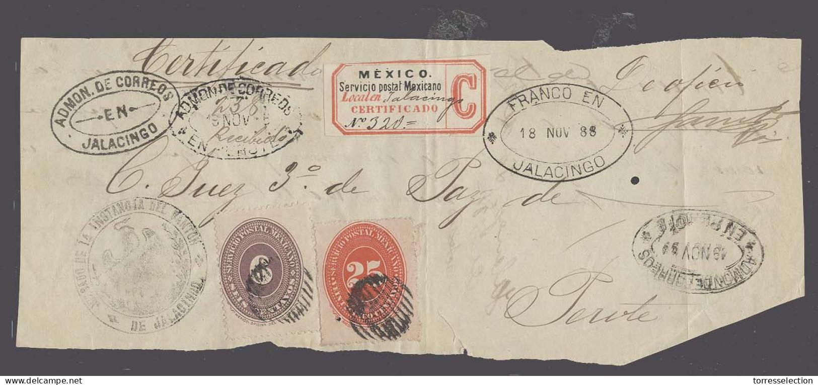 MEXICO. 1888 (18 Nov). Jalacingo - Perote. Reg Madrid Front Fkd 6c Lilac Numeral - México