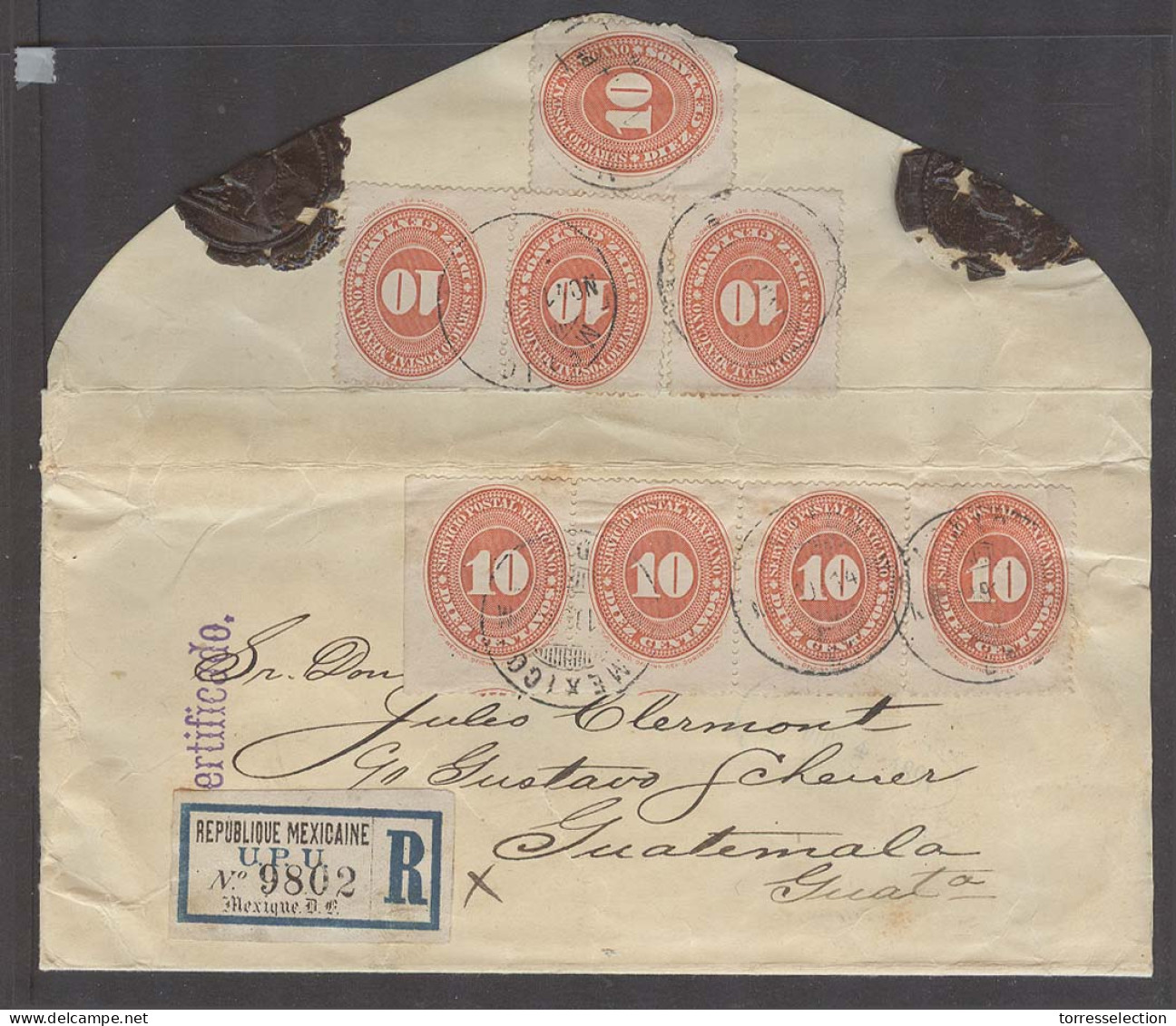 MEXICO. 1884 (19 Nov). Mexico DF - Guatemala. Reg Fkd Env Bearing 10c Vermilion Numeral Issue (x8 Incl Pair And Strip Of - México