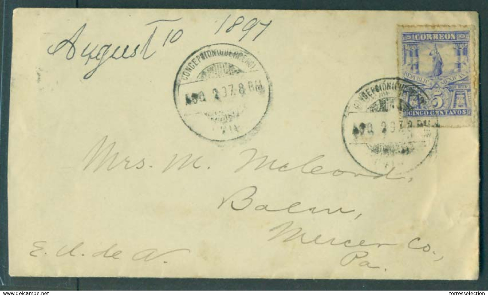 MEXICO. 1897 (2 Ago). Concepcion / Guerrero - USA. Fkd Env 5c Blue. Scarce Town Overseas Mail Usage. - México