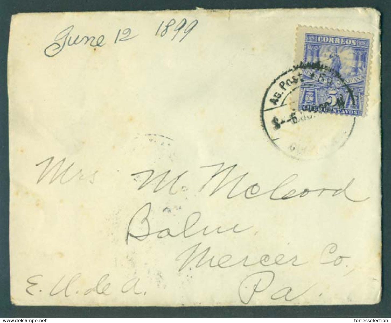 MEXICO. 1899 (6 Oct). Guaymas - USA. Fkd Env Ag Postal Nº 59. Ambulant Railway Cds. - México