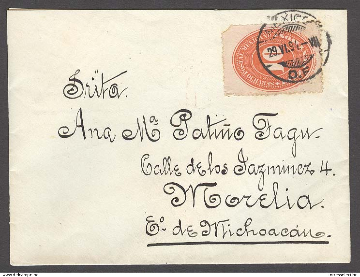 MEXICO. 1894 (29 June). DF - Morelia / Michoacan. Fkd Env 10c Numeral. Received Cachet. - México