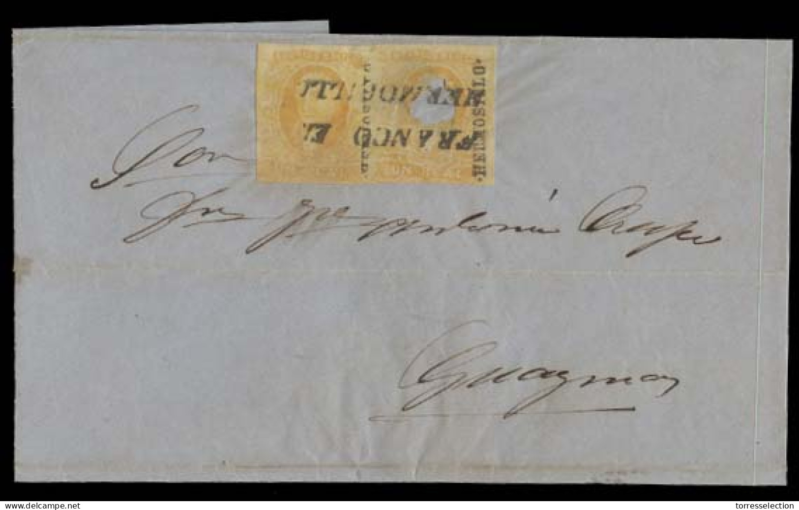 MEXICO. 1859 (27 Aug). Hermosillo - Guaymas. E Fkd 1856 1rl Yellow Pair With Part Of Face Cut Out (!) And Cancelled / Ti - México