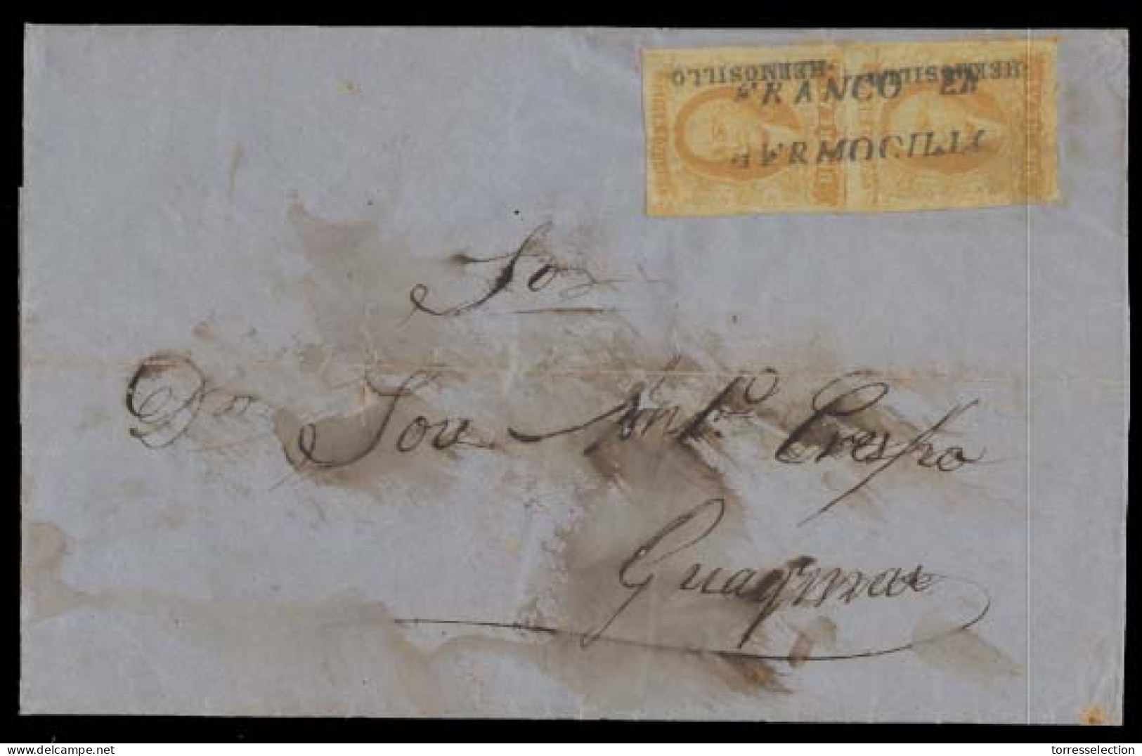 MEXICO. 1860 (30 Aug). Hermosillo - Guaymas. E Fkd 1856 1pl Yellow Vert Pair, Distr Name + Franco En Hermocillo. Scarce. - México