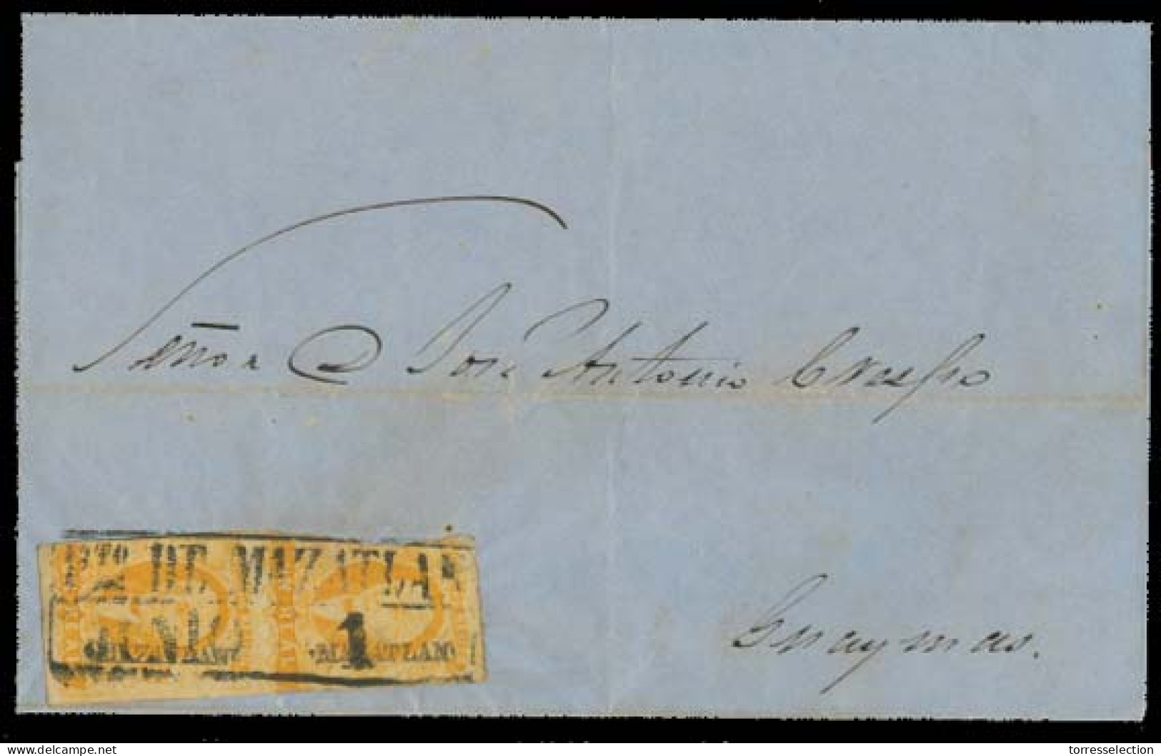 MEXICO. 1860 (29 May). Mazatlan - Guaymas. E Fkd 1856 1rl Pair / Box Date Ptº De Mazatlan. - México