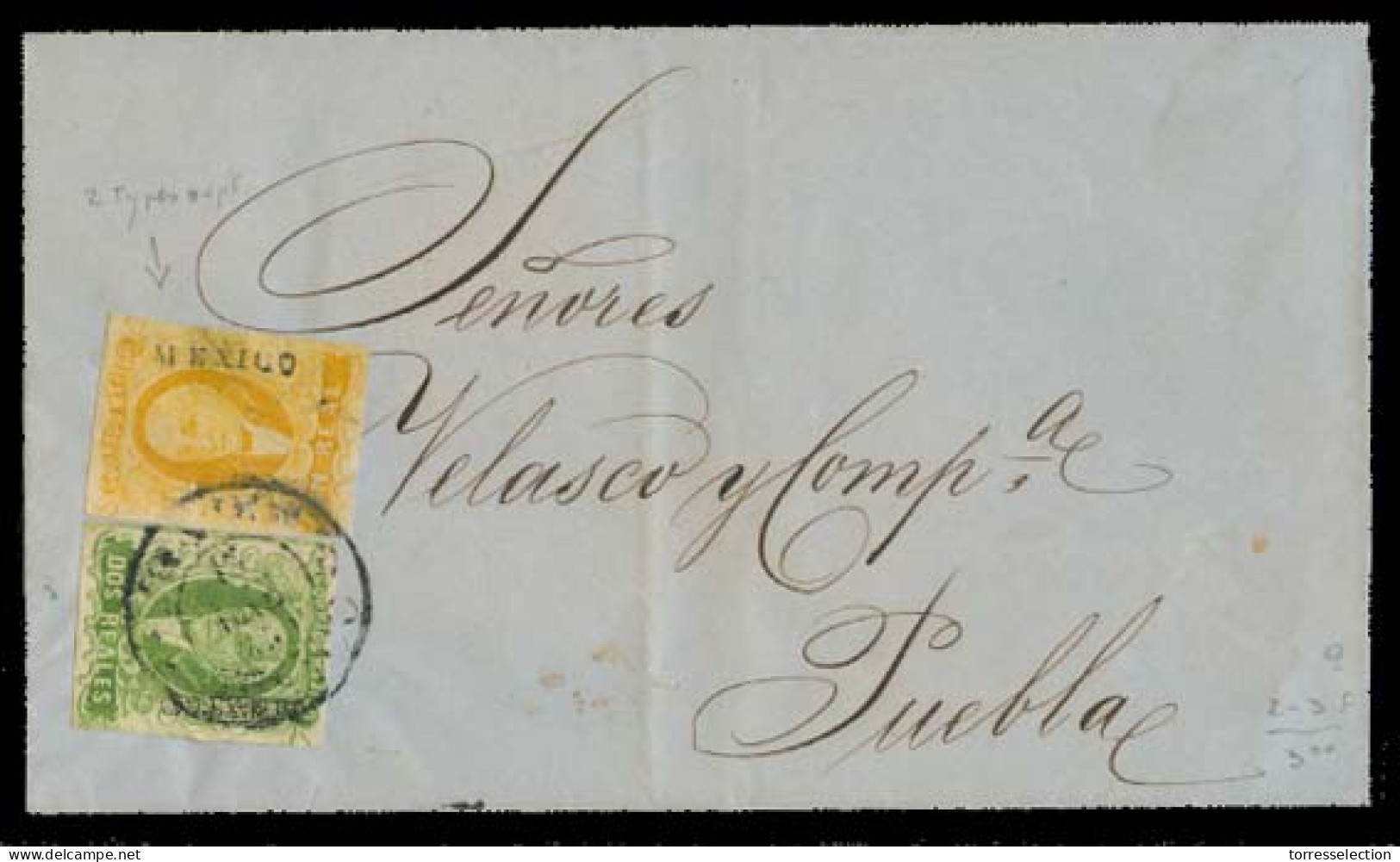 MEXICO. 1859 (13 Jan). DF - Puebla. E Fkd 1rl + 2rs With Diff Type Of Mexico Name / Cds. Fine Usage. - México